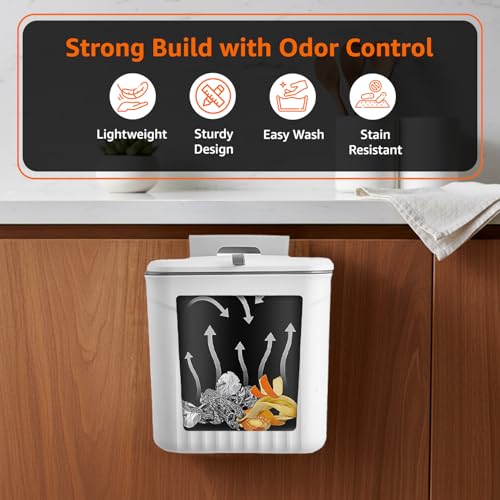 Image of Amazon Basics 7 Litre Kitchen Dustbin with Lid, Hanging Plastic Trash Can for Cabinet Door, Wall Mounted Garbage Bin, Double-Sided Open Design - White