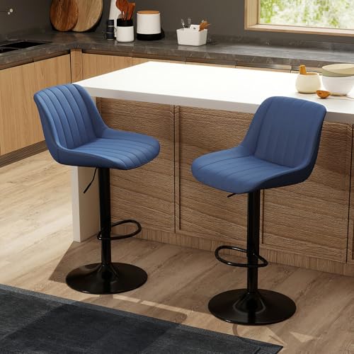 Image of Youhauchair Adjustable Faux Leather Bar Stools Set of 2, Blue | Swivel, Counter Height, Back & Footrest, Armless, PU, Modern, Kitchen Island Stool, Upholstered Dining Room Chair