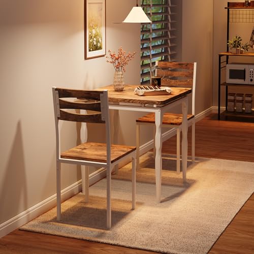 Image of Garvee 3 Piece Dining Table Set, Farmhouse Style Dining Table and Chairs Set for 2, Dining Set for Dining Room Kitchen Apartment, White & Brown