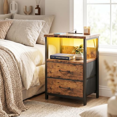 Image of Fixwal Night Stand with Charging Station, LED Nightstand with U-S-B Ports and Outlets, 2 Fabric Storage Drawers with PU Finish, Bedside Table, Rustic Brown