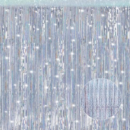 Image of Crosize 2 Pack 3.3 x 9.9 ft Laser Silver Foil Fringe Curtains Party Decorations,Tinsel Curtain Backdrop for Parties, Door Streamers, Glitter Streamer Backdrop for Birthday Decoration