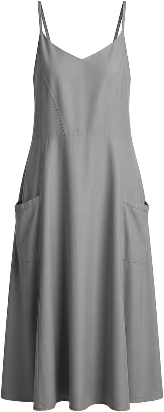 Women's Spaghetti Strap Maxi Dress V Neck Backless Loose Fit Flowy Dress Cotton Linen Boho Dress with Pocket