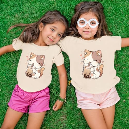 Image of KEEVICI Cute Cat Shirts for Girls Graphic Tees Bubble Tea Tshirt Kids Kawaii Cartoon Animal Print T Shirt Summer Cotton Tops