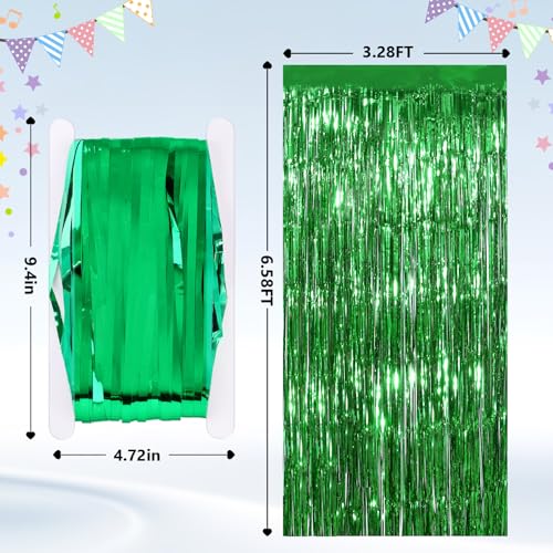 Image of 2 Pack Green Streamers Backdrop Jungle Party Decorations Green Foil Fringe Backdrop Curtains Photo Booth Backdrop for Birthday Dinosaur Animal St Patrick's Day Football Xmas Graduation Party Decors