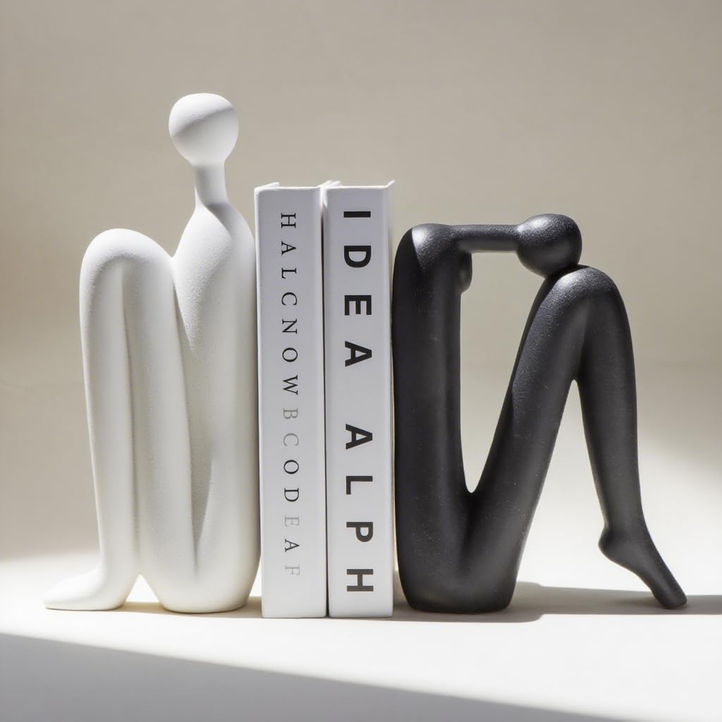 Book Ends Decorative for Shelves – Modern Abstract Human Figure Bookends, Heavy Duty Book Holder and Book Stopper, Ceramic Stylish Shelf Decorations and Bookends for Shelves（Black & White）