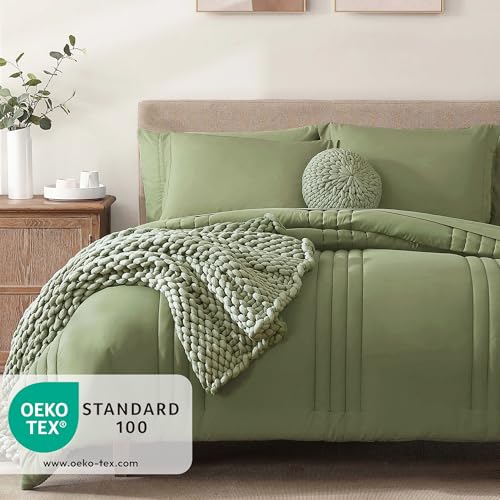 Image of Monbix Full Size Comforter Sets - 7 Pieces Light Sage Green Bed in a Bag Full Size Bedding Sets with Comforters, All Seasons Comforter with Sheets, Pillowcases & Shams