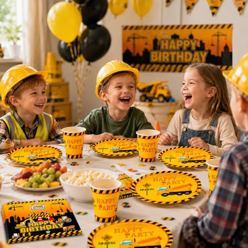 Image of Rozi Decoration Construction Theme Birthday Party Supplies Set, 40 Pieces with 10-inch Plates, 8-inch Cups and Napkins, Yellow and Black