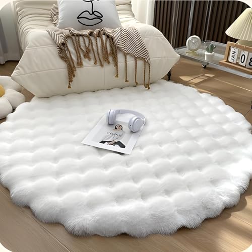 GIIPET-ラグ カーペット 冬 ふわふわ 北欧 ラビットファー ラグマット 円形洗える 滑り止め付 防ダニ 抗菌 防臭 優しいフランネルラグ 絨毯 折り畳み 抜け毛無し 無地 シンプル 6色選べる 2年中使えるタイプ 床暖房 ホットカーペット対応(ホワイト、90x90cm)