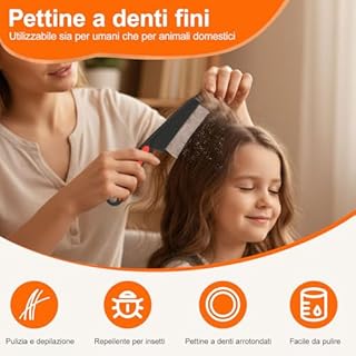 Pettine Professionale per Pidocchi e Lendini in Acciaio Inossidabile, per Bambini, Adulti e Animali Domestici - Design Ergonomico Antiscivolo con Denti Fini