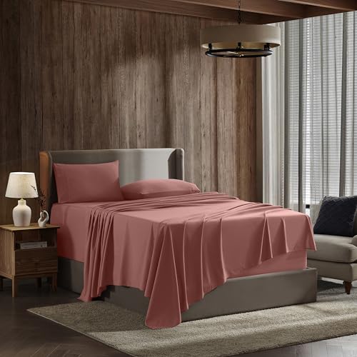 Image of Nestl Split King Bed Sheet Set - Pink Clay - 5-Piece Deep Pocket | Instantly Soft, Night-One Ready (No Wash Required). Fits 16-Inch Deep Pockets, 360-Degree Elastic Grip