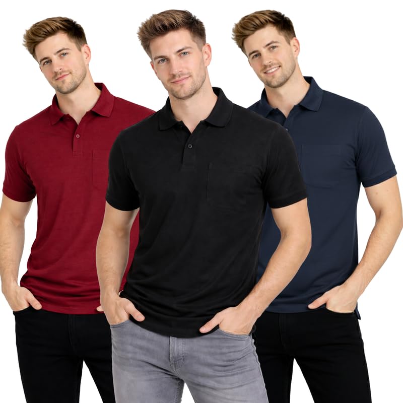 Image of SMAN Polo Neck T-Shirt Pack of 3 for Men & Boys | Half Sleeve Collar Tee with Pocket | Premium Spun Matty Fabric | Casual & Office Wear | Sizes M to 2XL | FX PO3 MCR BLK NVY