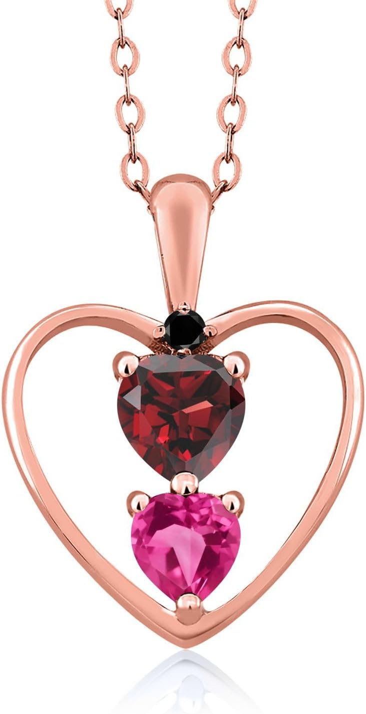 18K Rose Gold Plated Silver Red Garnet Pink Created Sapphire and Black Diamond Pendant Necklace For Women (1.11 Cttw, Gemstone January Birthstone, Heart 5MM and 4MM, with 18 Inch Silver Chain)