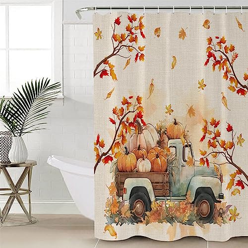 Fall-Pumpkin-Shower-Curtain-Thanksgiving-Truck-Falling-Maple-Leaves-Fabric-Shower-Curtain-Set-with-12-Hooks-Cotton-Linen-Waterproof-Bathroom-Curtains-for-Farmhouse-Wither-Holiday-Decor-72W-x-72L Fall Pumpkin Shower Curtain Thanksgiving Truck Falling Maple Leaves Fabric Shower Curtain Set with 12 Hooks Cotton Linen Waterproof Bathroom Curtains for Farmhouse Wither Holiday Decor 72W x 72L