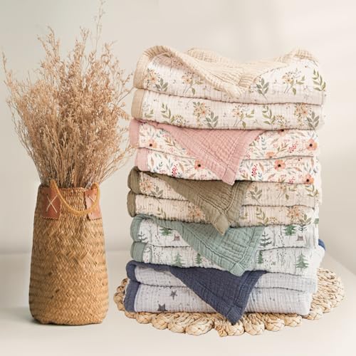 Image of lulumoon Muslin Baby Blanket for Girls - Soft Cotton for Newborn - 4 Layer Reversible Breathable Floral Receiving Blanket for Nursery Crib and Stroller 47 inchx47 inch (Pink Flower)