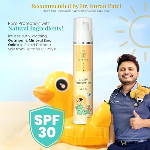Image of Pure Aura Baby Sunscreen 50 gm | SPF 30 Kids Sunscreen | 100% Mineral & Ayurvedic | Chemical-Free | Outdoor Safe | Sensitive Skin Friendly | Doctors Recommended | 6M to 8 Yrs