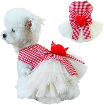 Plaid Small Dog Dress with Leash Ring Valentines Cat Outfit Dog Tutu Princess Holiday Puppy Clothes with Bow Knot and Heart Pet Apparel for Kitten Chihuahua Yorkie Red, Medium
