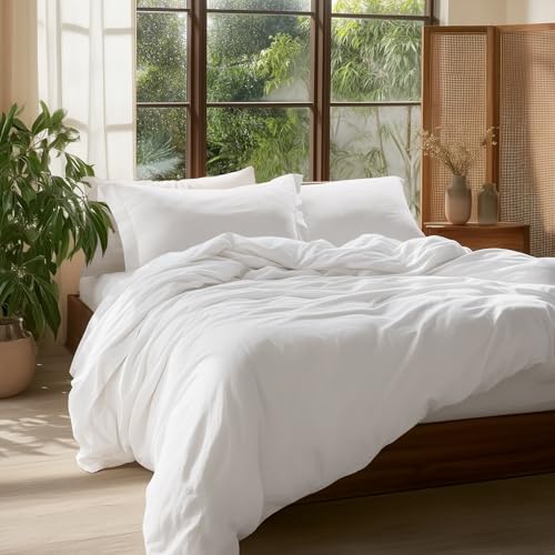 Bedsure 100% Washed Cotton Duvet Cover Twin Size - Natural White Minimalist Cotton Duvet Cover Linen Like for All Seasons - GentleSoft™ Plain Simple Bedding (Natural White, Twin, 68"x90")