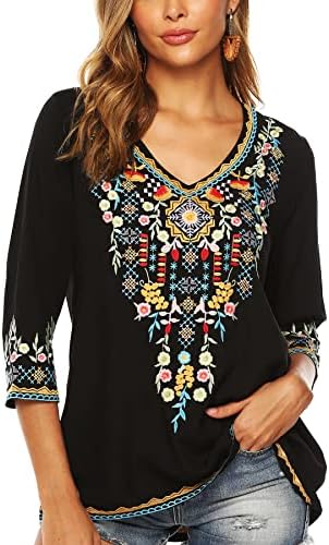 LauraKlein Womens 3/4 Sleeve Blouse Ethnic Style Floral Embroidered Tops (Black, X-Large)