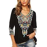 LauraKlein Womens 3/4 Sleeve Blouse Ethnic Style Floral Embroidered Tops (Black, X-Large)