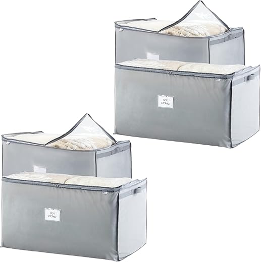 KIKA HOMS Jumbo 130 L Extra Large Storage Bags, Breathable Blanket storage bags | Clothes Storage Bag for Comforter, and Quilts, Organisation Bedding with Clear Viewing Top, Set of 4, Grey (XXL size)