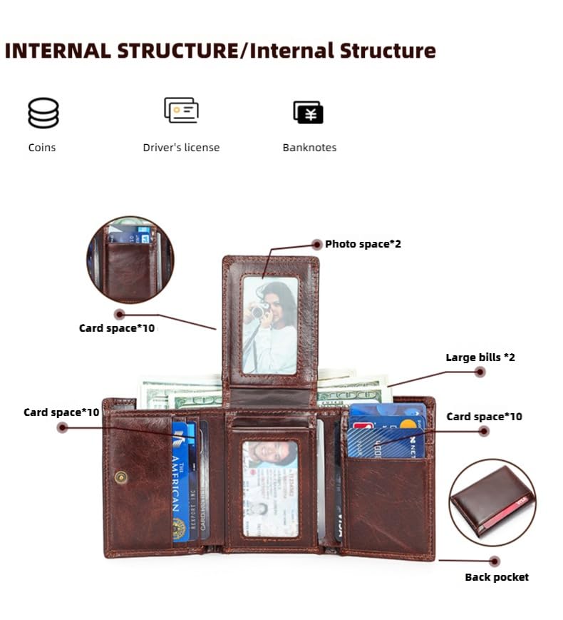 Premium Genuine Leather Trifold Wallet for Men – RFID Blocking Technology, Large Capacity for Cards and Cash, Slim Design for Easy Carry (Coffee)3