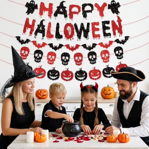 Happy Halloween Banner, Goth Black Red Ghost Bat Skull Pumpkin Decorations | 5 Pcs Pre-strung halloween banner, sparkling glitter cardstock paper, witch hat, home indoor decor - image 5