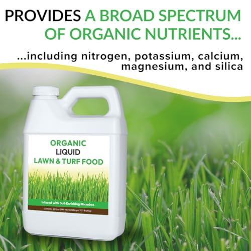 Image of Organic Liquid Lawn & Turf Food - Quickly Rejuvenates Lawn Health and Restores Rich Green Colors to Depleted Grass | Infused with Soil Enriching Microbes (32oz, 2 Pack, Treats Up to 10,000 Sq. Feet)