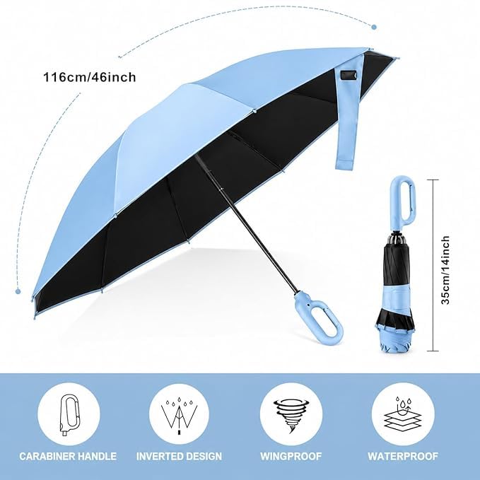 Image of Zancia UV Reversible Umbrella with Novelty Carabiner Handle, Travel-Friendly Umbrellas for Sun & Rain Protection, Windproof Compact, Automatic Open /Close,Plant Cutter for Home Garden Men and Women