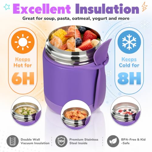 Image of Howeemo 10oz Soup Thermo for Hot Food Kids, Insulated Food Jar with Spoon, Leak Proof Stainless Steel Wide Mouth Lunch Food Thermo Jar for School (Purple)