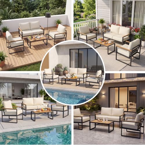 Image of Aoxun 4 Piece Metal Patio Furniture Set with Coffee Table Cream