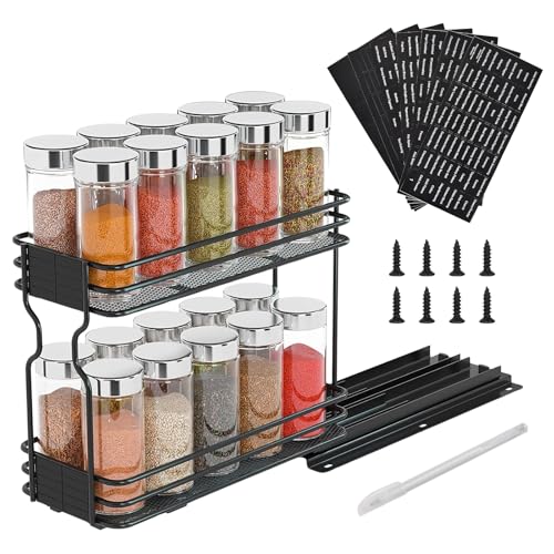 Dokeno Estantería para Especias de 2 Niveles, Organizador de Especias con Carril, Organizador Extraíble para Armario, Especieros para Cocina, Soporte para Especias Extensible para Armarios