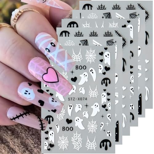 Halloween Nail Art Stickers Halloween Nail Decals 3D Self-Adhesive Ghost Spider Bat Nail Stickers Nail Art Supplies Ghost Sticker Decals for Women and Girls Holiday Nail Manicure Decoration 6 Sheets