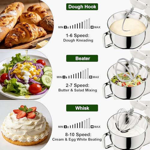 Camic Electric Stand Mixer,7.45 QT,10 Speeds with Dough Hook,Whisk, Flat Beater Attachments, Splash Guard, Easy-Carry Top Handle,3-IN-1 Kitchen Mixer for Baking Cakes Cookie Bread Salad (White) - Image 4