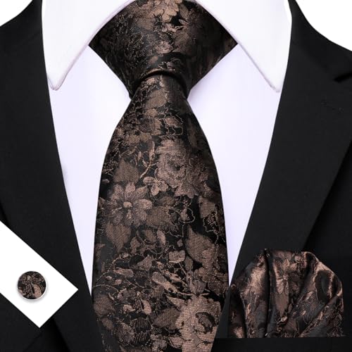 Image of Barry.Wang Flower Ties for Men Handkerchief Cufflinks Set Wedding Necktie Set Party