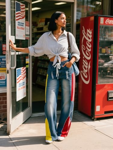 Angsuttc Baggy Wide Leg Jeans for Women Color Block Patchwork Denim Pants with Drawstring Elastic Waist4