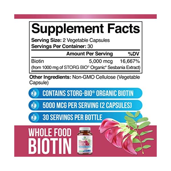 Whole Food Biotin Supplement - Contains Certified Organic Plant Based Biotin from Sesbania Agati Trees - by SolaGarden Naturals. May Support Hair, Skin and Nails. 60 Non GMO Veggie Capsules.