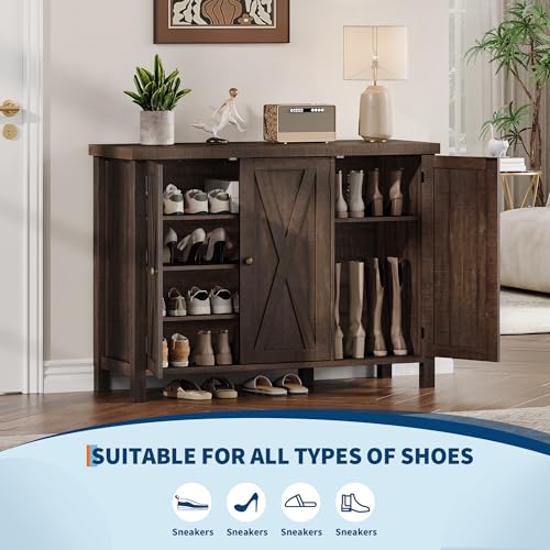 GarveeHome Shoe Cabinet with Doors, Farmhouse 35'' Shoe Storage Cabinet, 4-Tier Entryway Shoe Storage, Large Shoe Organizer Cabinet for Living Room Hallway, Dark Cherry