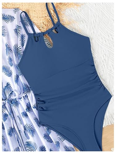 SHENHE Girl's One Piece Swimsuit with Cover Up Tropical Print Kimono Ruched Bathing Suit3