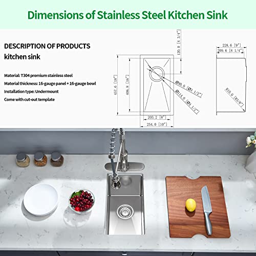 Ecochannels Undermount Kitchen Sink, 10 X 18 X 9 Inch Kitchen Sinks 16 Gauge Stainless Steel Small Bar Prep Sink Kitchen Single Bowl #TOP6