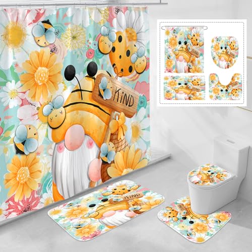 Litabel 4 Pcs Sping Gnomes Shower Curtain Set with Non-Slip Rugs Toilet Lid Cover and Bath Mat Boho Floral Bathroom Decor Set with Shower Curtain and Rugs(Hooks Not Included)