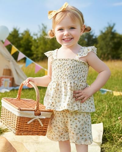 Image of Mioglrie Toddler Baby Girl Summer Clothes Infant Spring Outfits Ruffle Sleeveless Shirt Baby Shorts Headband Clothing Set