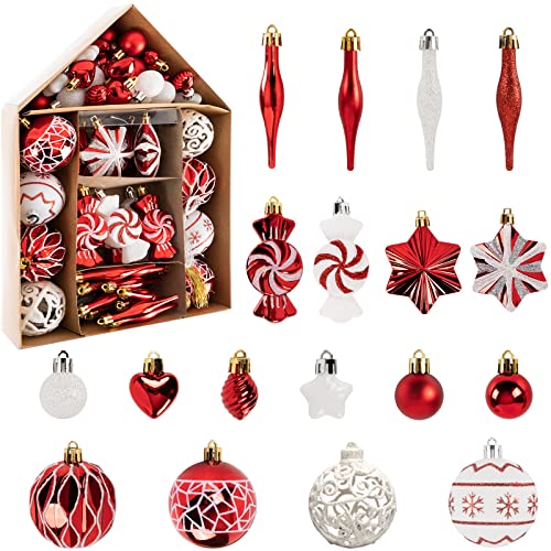Esferas, Kitchen Coriwell - Juego de adornos para árbol de Navidad, 73 esferas de Navidad, rojas y blancas, kit de adornos inastillables para árbol, juego surtido