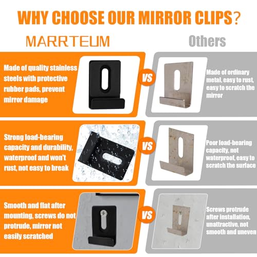 Image of 10Pcs Metal Mirror Clips with Rubber Pads, 304 Stainless Steels Wide Channel Mirror Frameless Hardware Hanger Hooks Retainer Holder Clips Kit for Frameless Mounting Wall Mirror Tile Billboard Display