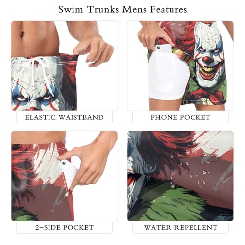 Mens Swim Trunks with Liner, Clown Scary Soda Cool Quick Dry Beach Swim Shorts, Swimwear Bathing Suits S3