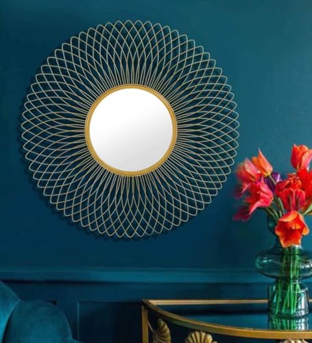 Image of Artemade Iron Wall Mounted Round Sunflower Design Mirror, Golden Finish Decorative Hanging Mirror for Living Room, Bedroom, Hall & Home Decor (60 cm)