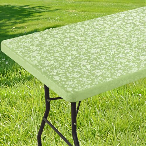 Image of Smiry Heavy Duty Vinyl Fitted Tablecloths for 8 Foot Rectangle Tables | Elastic Waterproof Fitted Tablecloths, Wipeable Washable Table Cover for Kitchen, Dining, Camping (Sage Green, 30 inch x 96 inch)