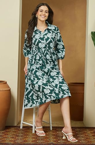 Image of Janasya Women's Green Pure Cotton Floral Printed Fit & Flare Dress