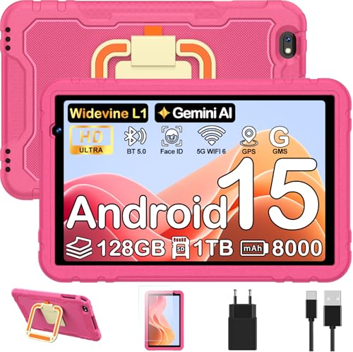 Tablet 10 Pulgadas Android 15, 128GB ROM + 2TB TF, Widevine L1, Control Parental, 8000 mAh, Octa-Core 2.0Ghz, Face ID, GMS, GPS, WiFi 6, Protective Antichoque EVA + Soporte giratorio de 360° - Rosa