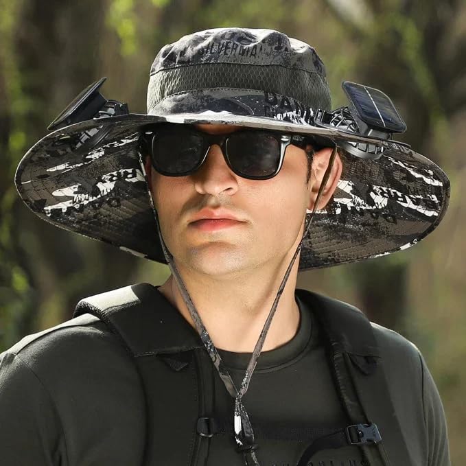 Image of Outdoor Wide Brim Sun Hat with 2 Solar Fan Sun Bucket Hat for Men Women UPF 50+ Bucket Fishing & Beach Hat with Fan Built in