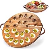 Hiceeden Acacia Wood Deviled Egg Platter with Handles for Easter, 24 Holes Round Deviled Egg Tray Container, Reversible Charcuterie Board Egg Plate Serving Tray for Countertop